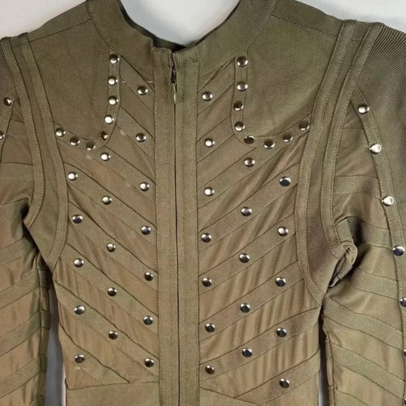 House of CB London Olive Green Mesh Bandage Mini Bodycon Dress w/Studs Size M - Picture 4 of 7